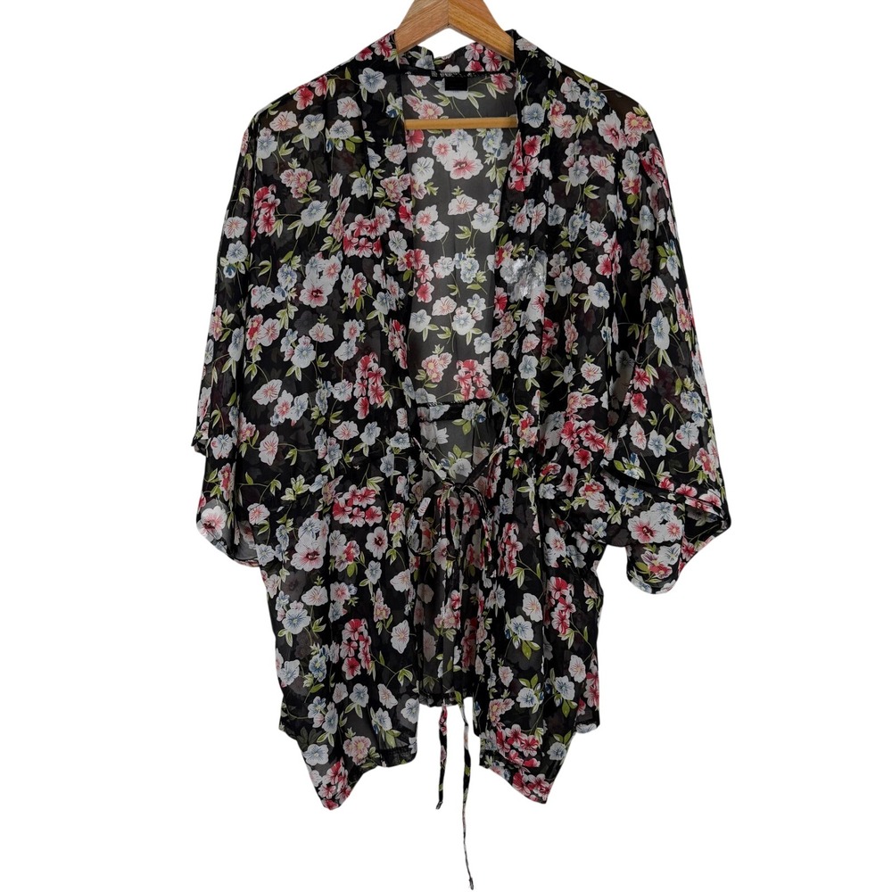Unbranded Floral Kimono Wrap Women One Size Black Sheer Chiffon Drawstring Waist